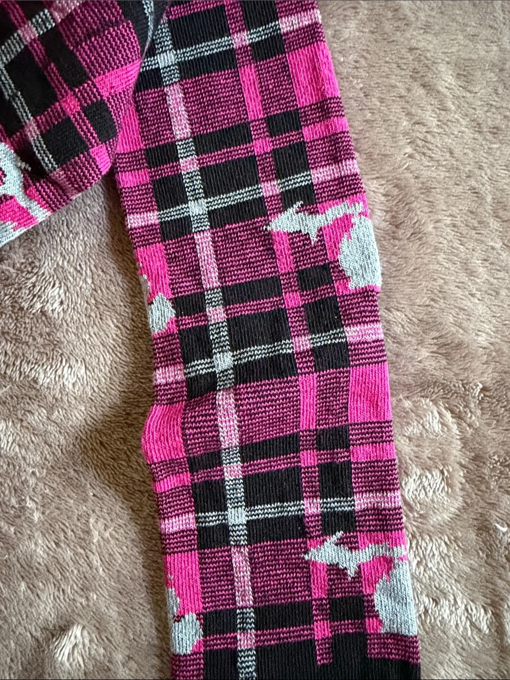 Pink Plaid Crew Socks with Shark Motif